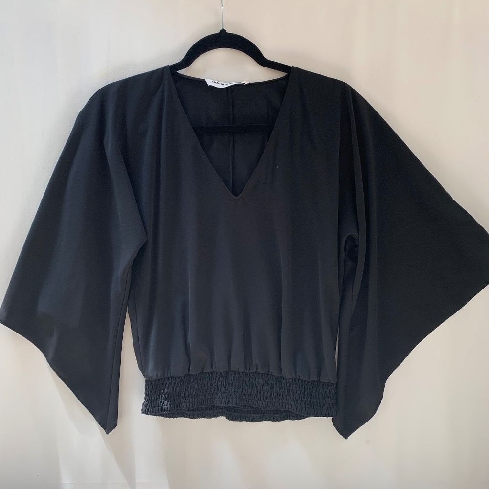 Revolve Amanda Uprichard Kimono Sleeve Smocked Waist Black Evening Top size XS